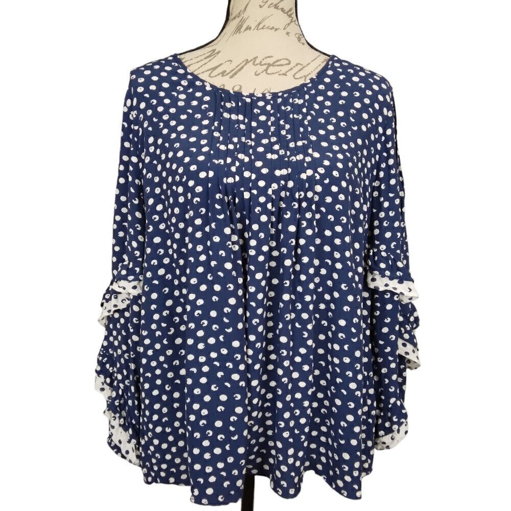 Soft Surroundings | Sonrisa Polka Dot Ruffle Sleeve Top Blue White Top | Size L - Picture 2 of 9